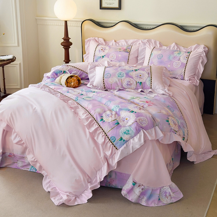 91家纺网 家纺一手货源 找家纺 爱彼家纺 2026春夏新款法式油画格调双拼印花贡棉轻奢高端四件套-油画系列 油画-蒲公英