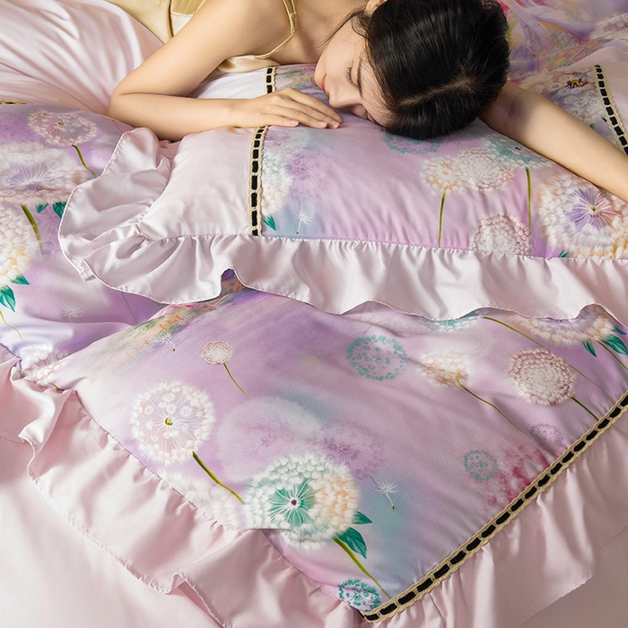 91家纺网 家纺一手货源 找家纺 爱彼家纺 2026春夏新款法式油画格调双拼印花贡棉轻奢高端四件套-油画系列 油画-蒲公英