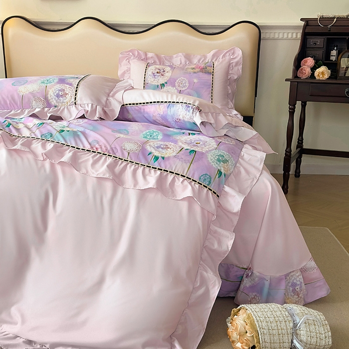 91家纺网 家纺一手货源 找家纺 爱彼家纺 2026春夏新款法式油画格调双拼印花贡棉轻奢高端四件套-油画系列 油画-蒲公英