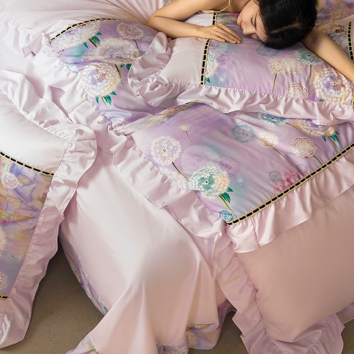 91家纺网 家纺一手货源 找家纺 爱彼家纺 2026春夏新款法式油画格调双拼印花贡棉轻奢高端四件套-油画系列 油画-蒲公英