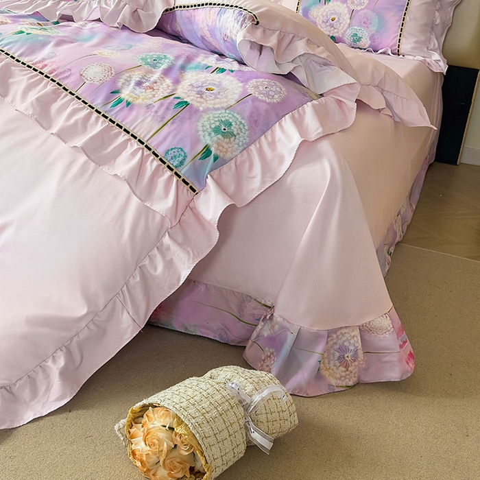 91家纺网 家纺一手货源 找家纺 爱彼家纺 2026春夏新款法式油画格调双拼印花贡棉轻奢高端四件套-油画系列 油画-蒲公英