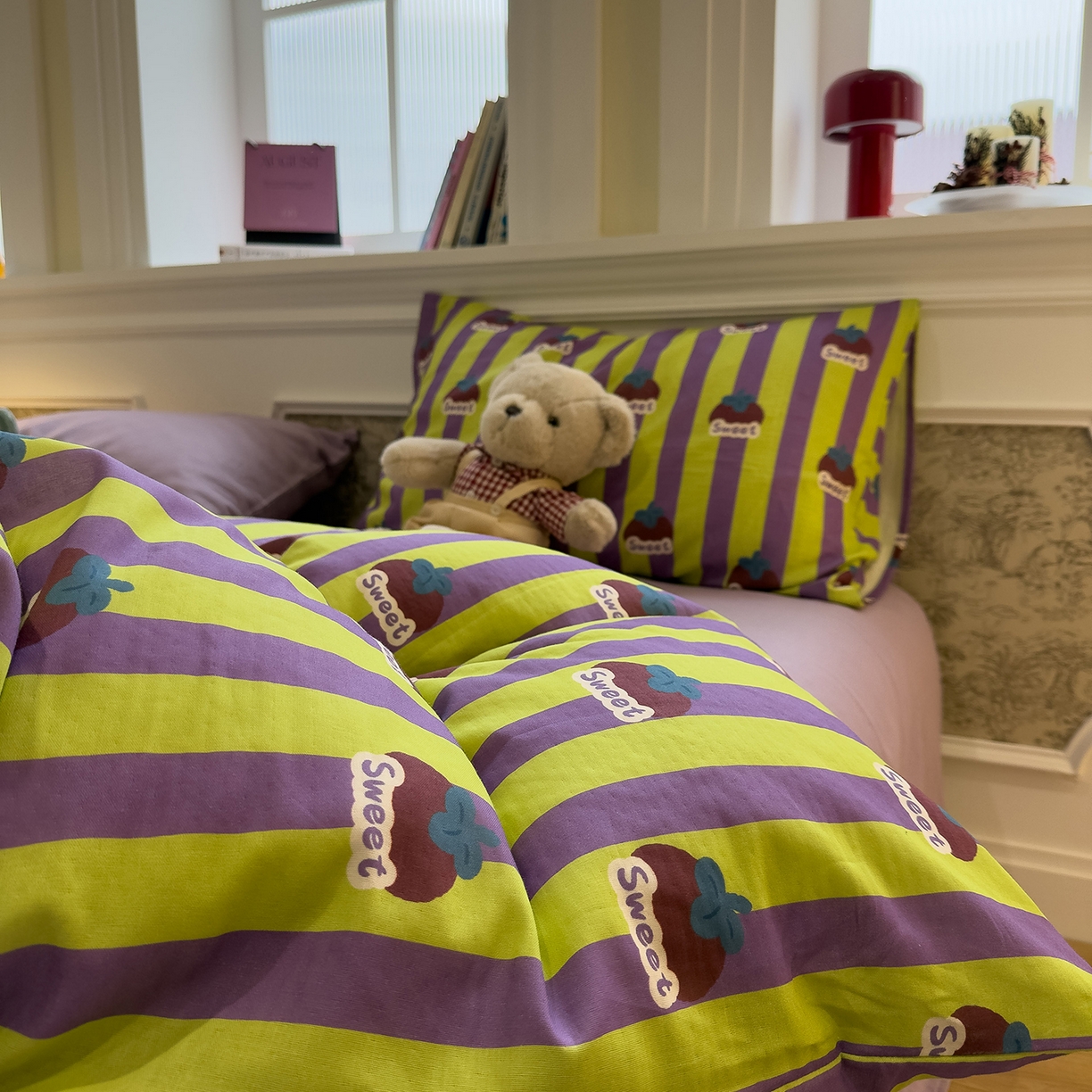 91家纺网 家纺一手货源 找家纺 （总）呗旺鹿 2026新款ins风全棉撞色双层纱毛巾绣甜柿子系列四件套