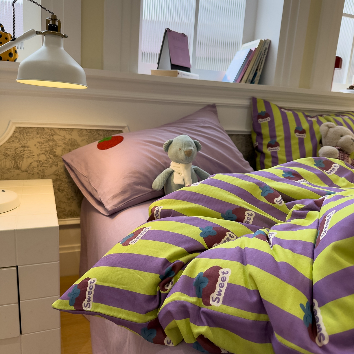 91家纺网 家纺一手货源 找家纺 （总）呗旺鹿 2026新款ins风全棉撞色双层纱毛巾绣甜柿子系列四件套