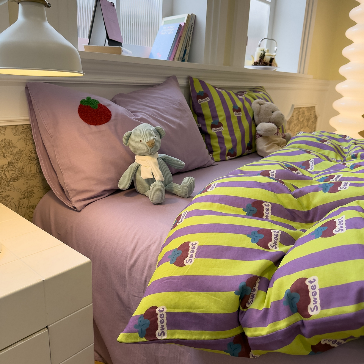 91家纺网 家纺一手货源 找家纺 （总）呗旺鹿 2026新款ins风全棉撞色双层纱毛巾绣甜柿子系列四件套