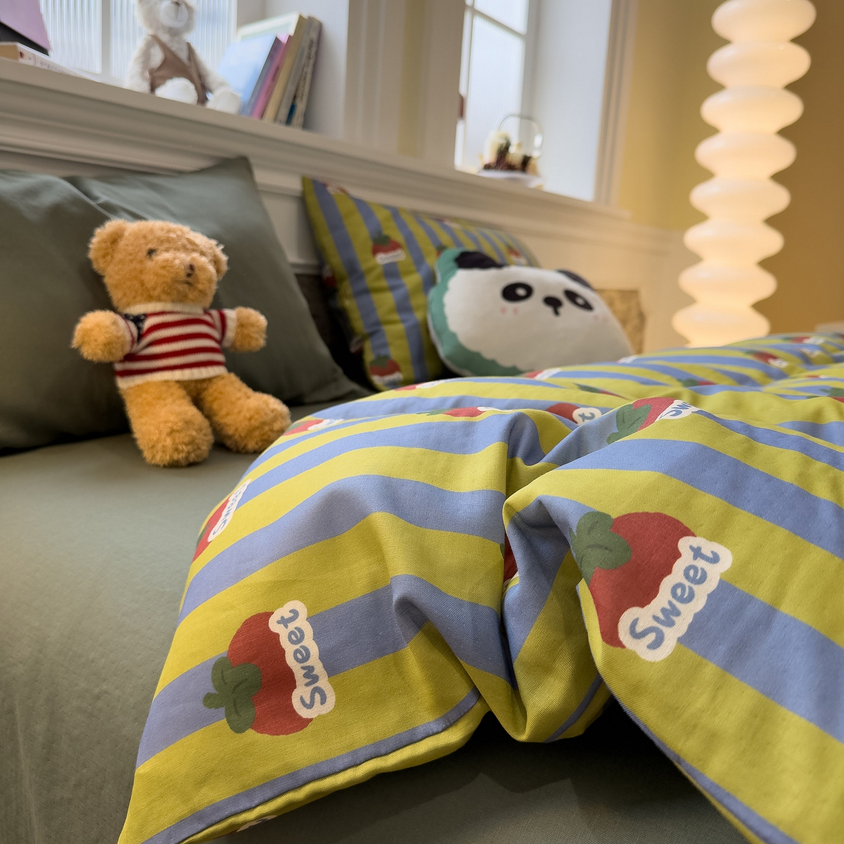 91家纺网 家纺一手货源 找家纺 （总）呗旺鹿 2026新款ins风全棉撞色双层纱毛巾绣甜柿子系列四件套