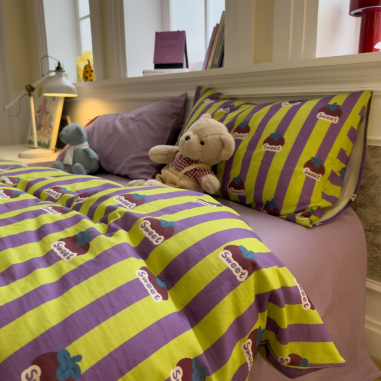 91家纺网 家纺一手货源 找家纺 （总）呗旺鹿 2026新款ins风全棉撞色双层纱毛巾绣甜柿子系列四件套