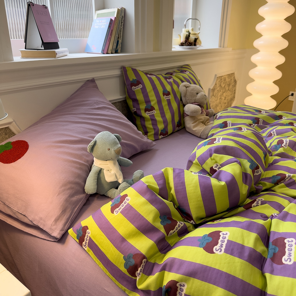 91家纺网 家纺一手货源 找家纺 （总）呗旺鹿 2026新款ins风全棉撞色双层纱毛巾绣甜柿子系列四件套