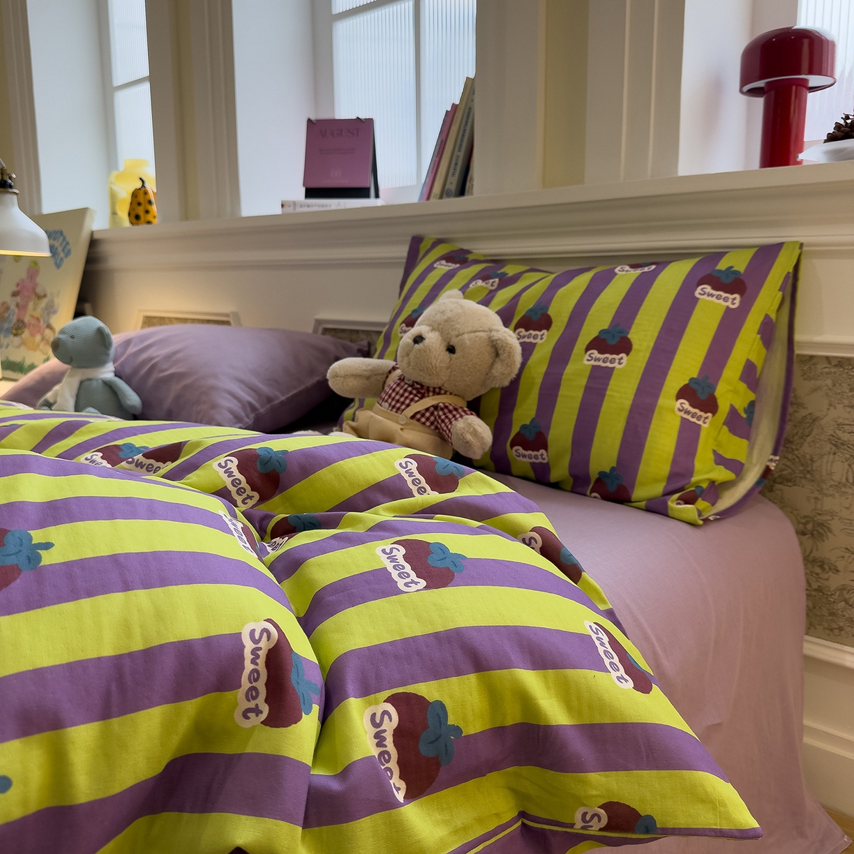 91家纺网 家纺一手货源 找家纺 呗旺鹿 2026新款ins风全棉撞色双层纱毛巾绣甜柿子系列四件套 甜柿紫