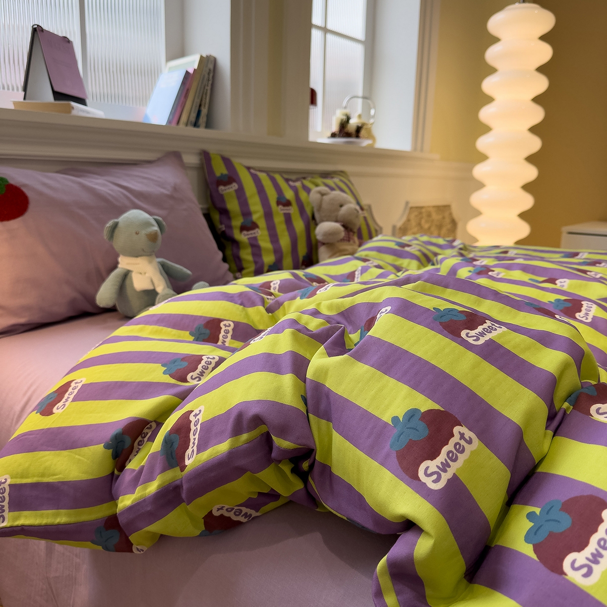 91家纺网 家纺一手货源 找家纺 呗旺鹿 2026新款ins风全棉撞色双层纱毛巾绣甜柿子系列四件套 甜柿紫