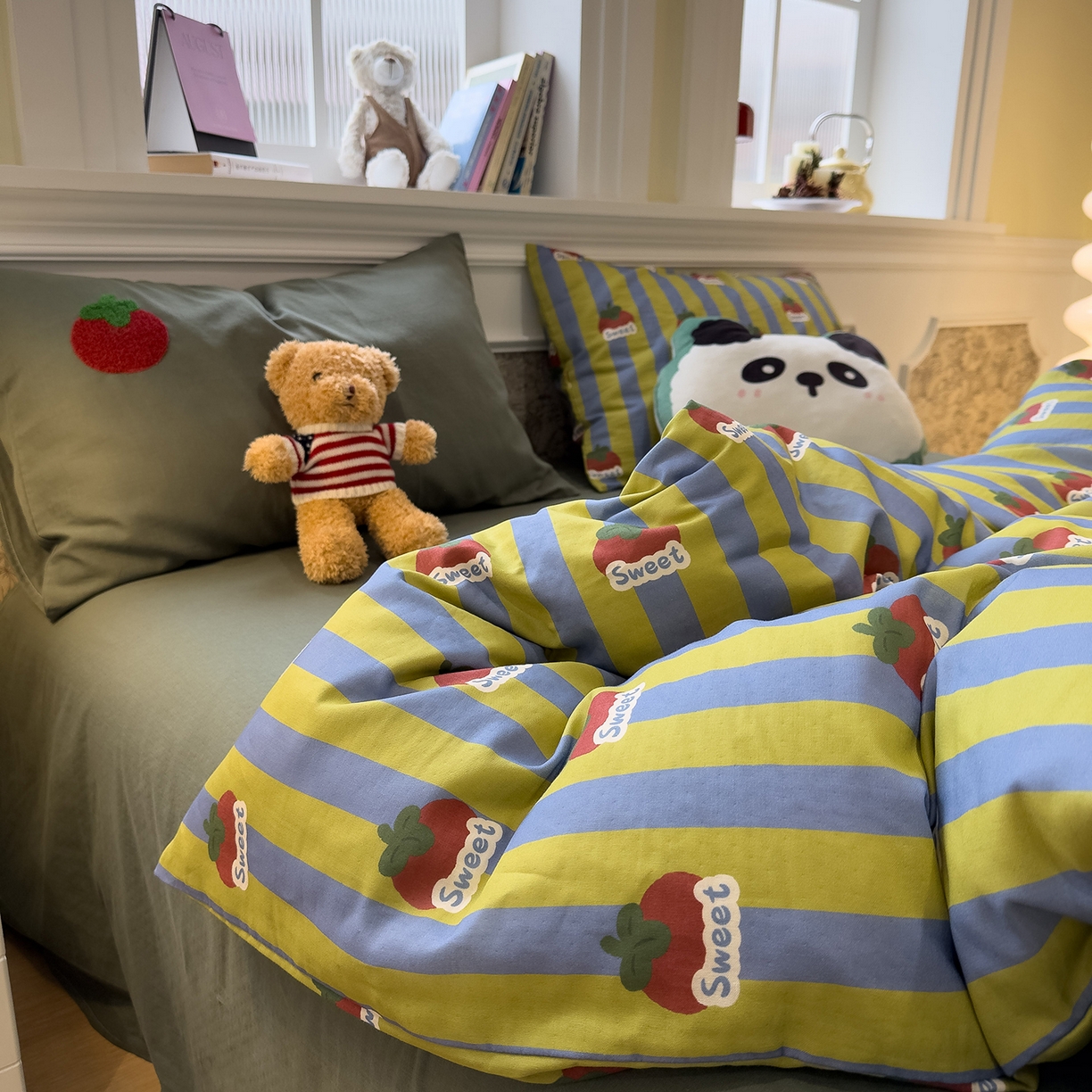 91家纺网 家纺一手货源 找家纺 呗旺鹿 2026新款ins风全棉撞色双层纱毛巾绣甜柿子系列四件套 甜柿绿