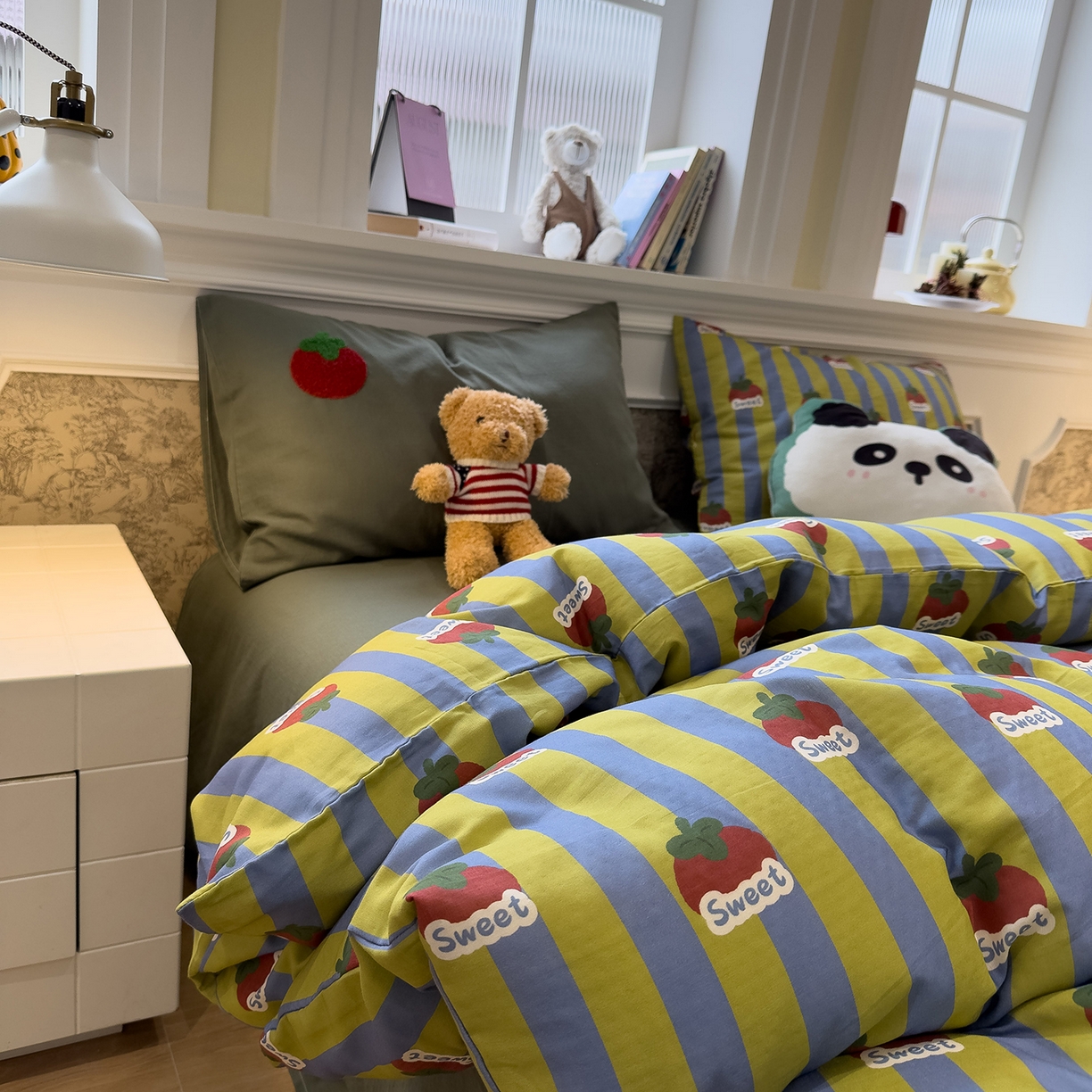 91家纺网 家纺一手货源 找家纺 呗旺鹿 2026新款ins风全棉撞色双层纱毛巾绣甜柿子系列四件套 甜柿绿