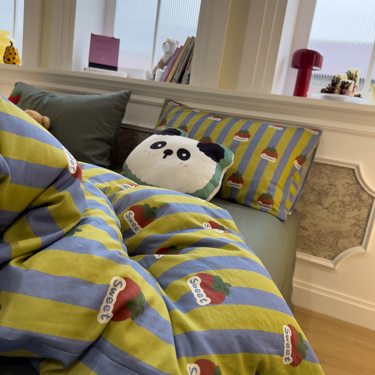 91家纺网 家纺一手货源 找家纺 呗旺鹿 2026新款ins风全棉撞色双层纱毛巾绣甜柿子系列四件套 甜柿绿