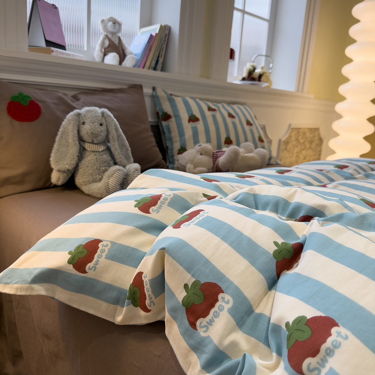 呗旺鹿 2026新款ins风全棉撞色双层纱毛巾绣甜柿子系列四件套 甜柿蓝