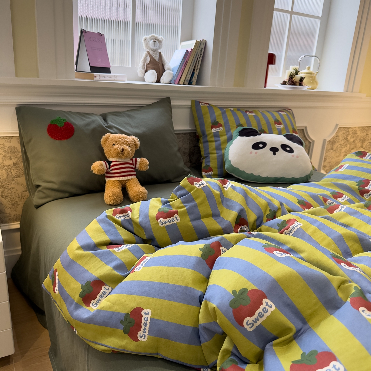 91家纺网 家纺一手货源 找家纺 呗旺鹿 2026新款ins风全棉撞色双层纱毛巾绣甜柿子系列四件套 甜柿绿