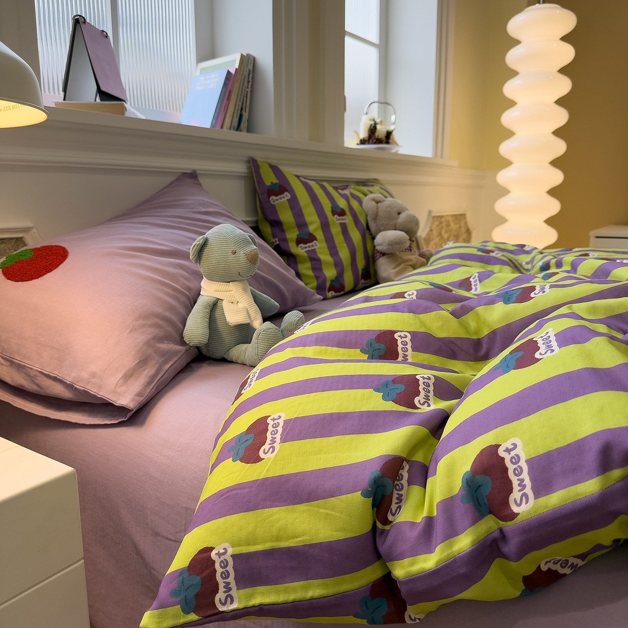 91家纺网 家纺一手货源 找家纺 呗旺鹿 2026新款ins风全棉撞色双层纱毛巾绣甜柿子系列四件套 甜柿紫