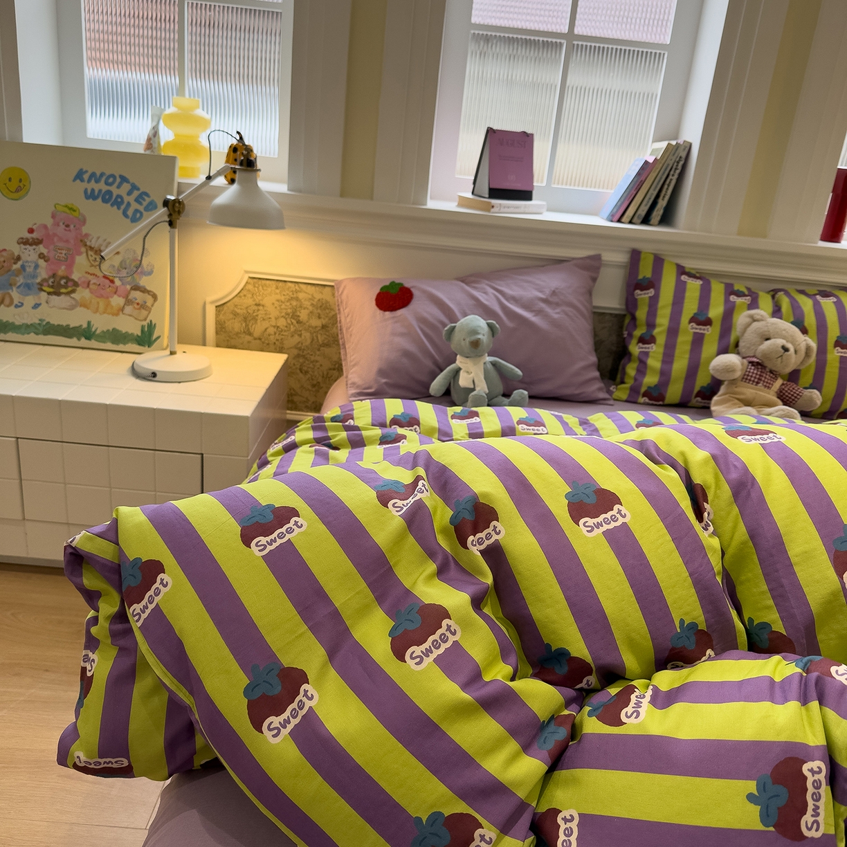 91家纺网 家纺一手货源 找家纺 呗旺鹿 2026新款ins风全棉撞色双层纱毛巾绣甜柿子系列四件套 甜柿紫