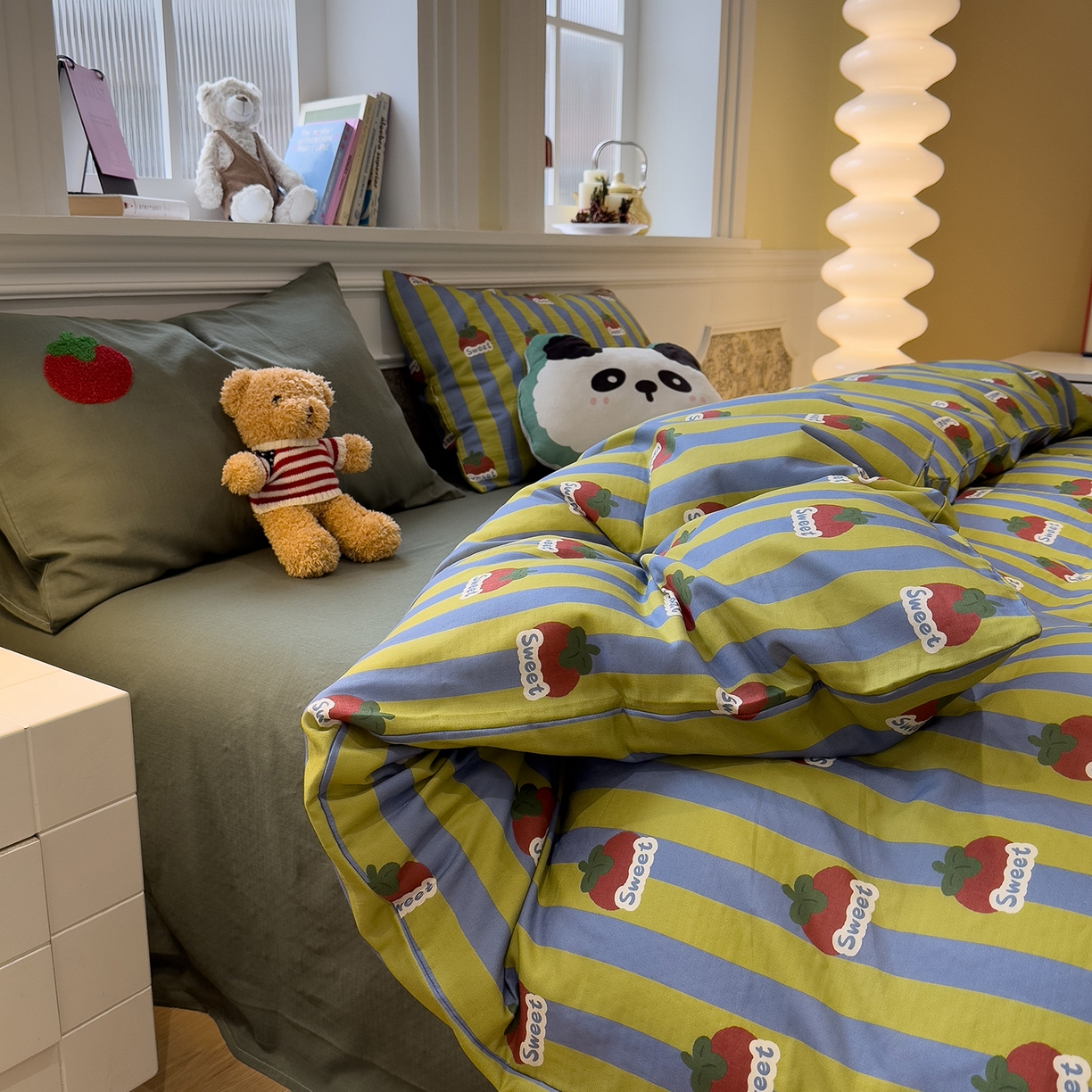 91家纺网 家纺一手货源 找家纺 呗旺鹿 2026新款ins风全棉撞色双层纱毛巾绣甜柿子系列四件套 甜柿绿