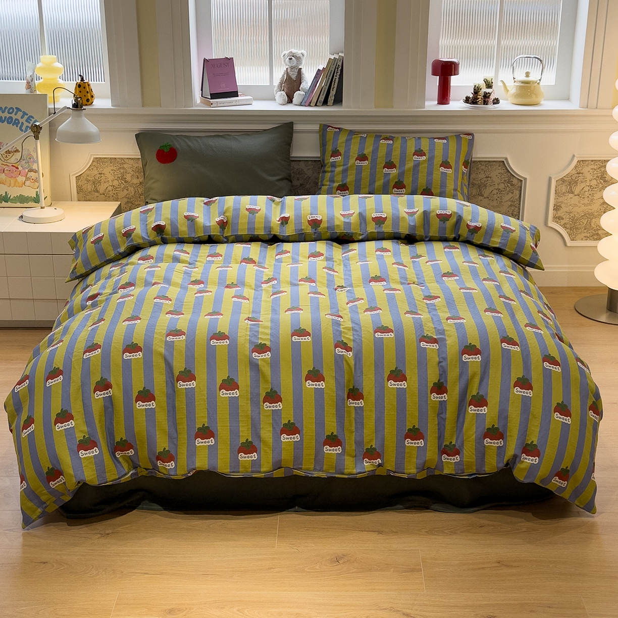 91家纺网 家纺一手货源 找家纺 呗旺鹿 2026新款ins风全棉撞色双层纱毛巾绣甜柿子系列四件套 甜柿绿