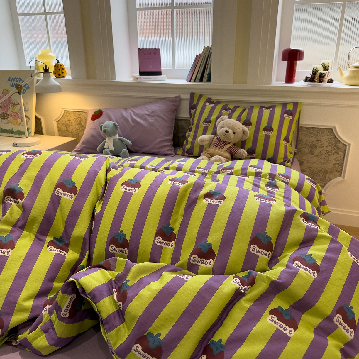 91家纺网 家纺一手货源 找家纺 呗旺鹿 2026新款ins风全棉撞色双层纱毛巾绣甜柿子系列四件套 甜柿紫