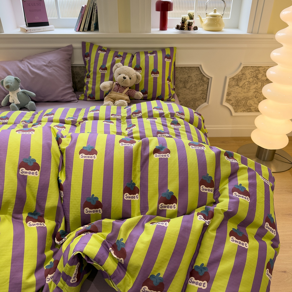 91家纺网 家纺一手货源 找家纺 呗旺鹿 2026新款ins风全棉撞色双层纱毛巾绣甜柿子系列四件套 甜柿紫