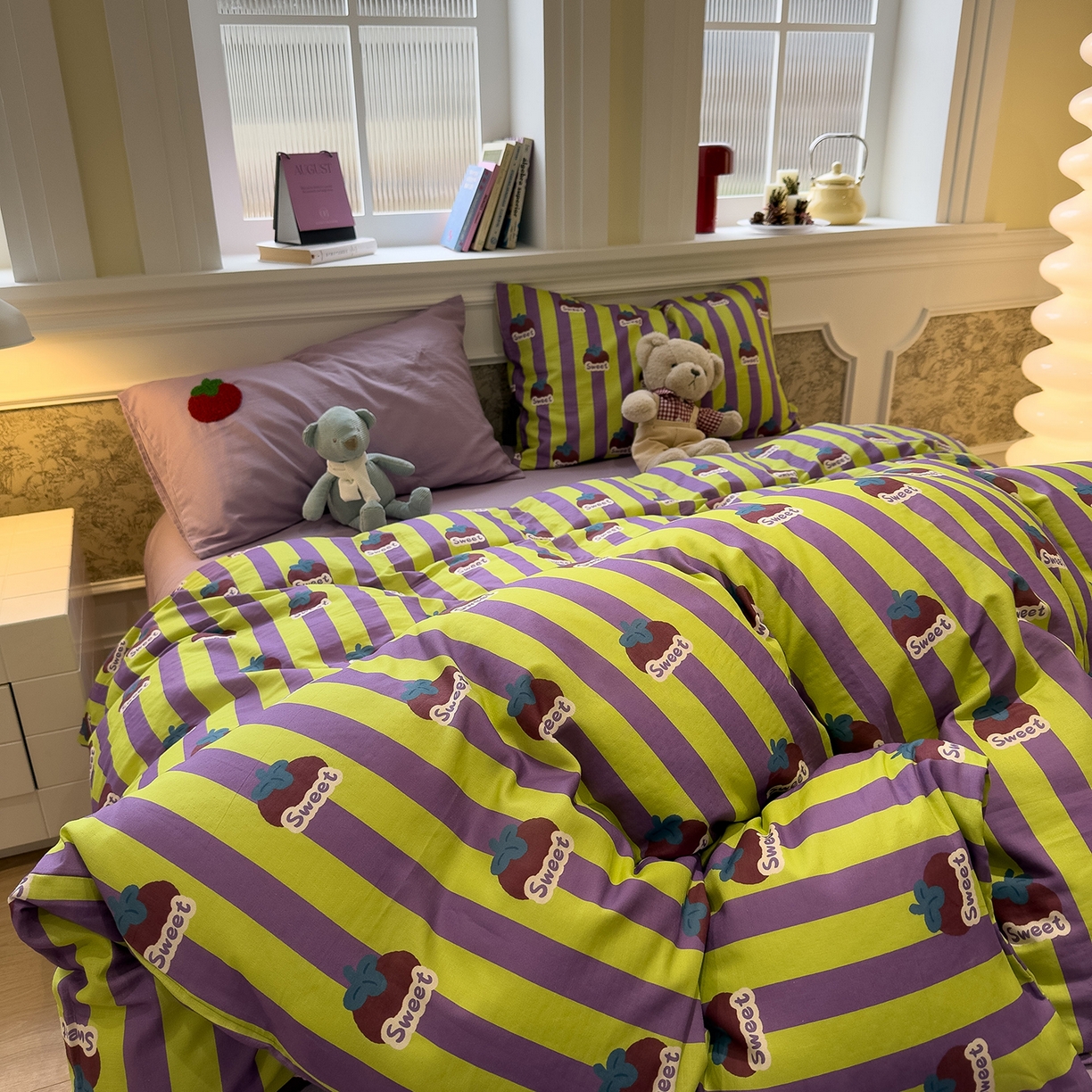 91家纺网 家纺一手货源 找家纺 呗旺鹿 2026新款ins风全棉撞色双层纱毛巾绣甜柿子系列四件套 甜柿紫