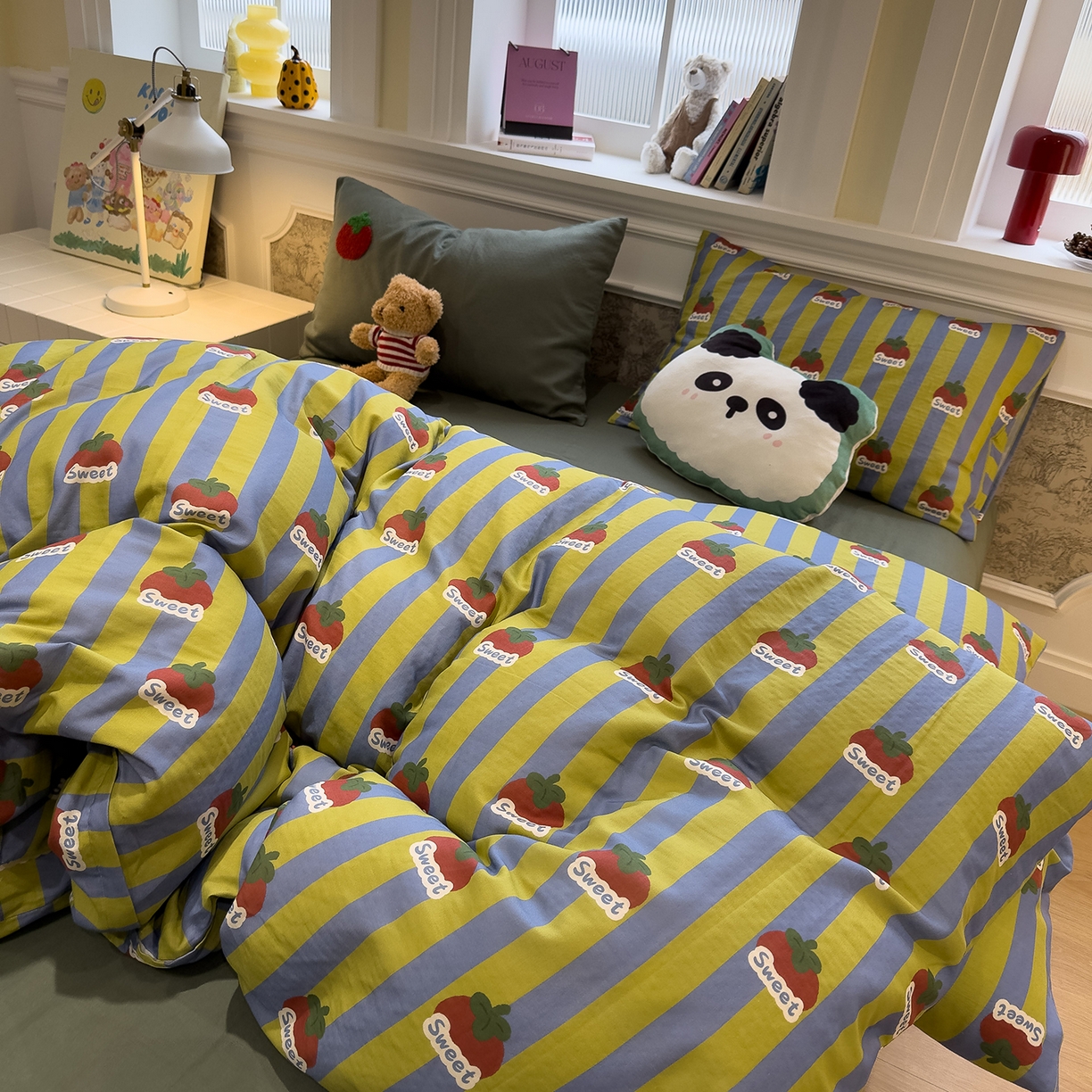 91家纺网 家纺一手货源 找家纺 呗旺鹿 2026新款ins风全棉撞色双层纱毛巾绣甜柿子系列四件套 甜柿绿