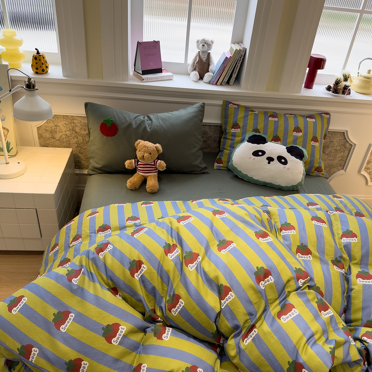 91家纺网 家纺一手货源 找家纺 呗旺鹿 2026新款ins风全棉撞色双层纱毛巾绣甜柿子系列四件套 甜柿绿