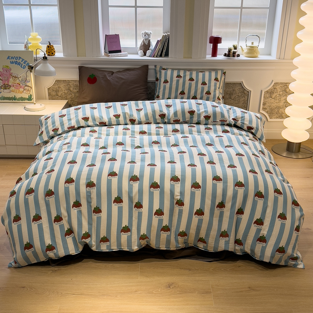 91家纺网 家纺一手货源 找家纺 呗旺鹿 2026新款ins风全棉撞色双层纱毛巾绣甜柿子系列四件套 甜柿蓝