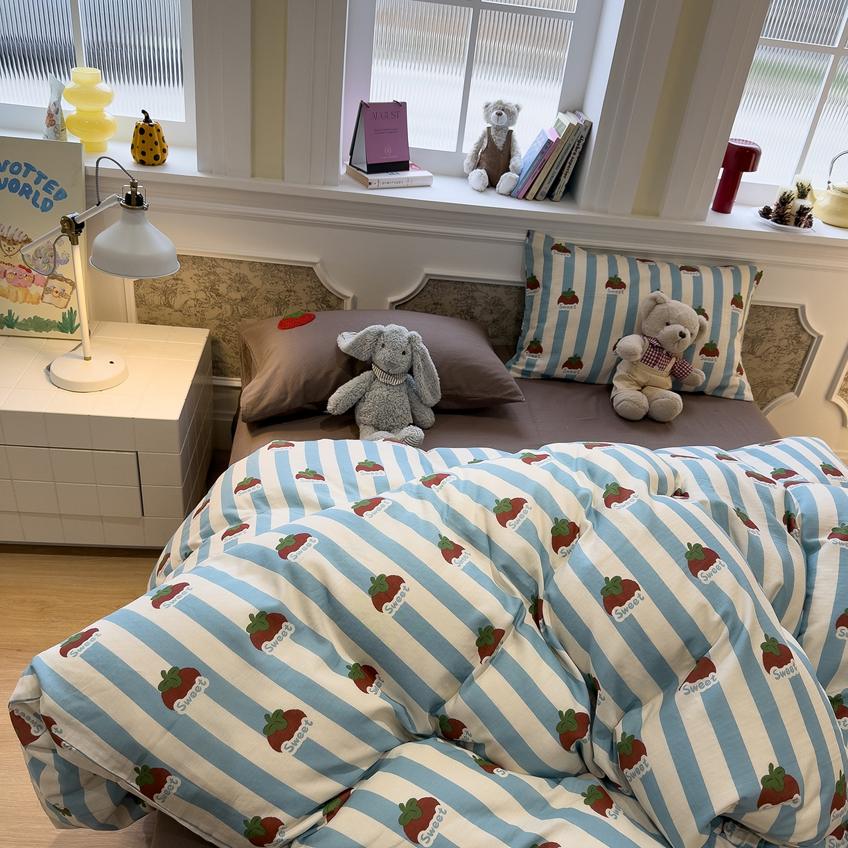 91家纺网 家纺一手货源 找家纺 呗旺鹿 2026新款ins风全棉撞色双层纱毛巾绣甜柿子系列四件套 甜柿蓝