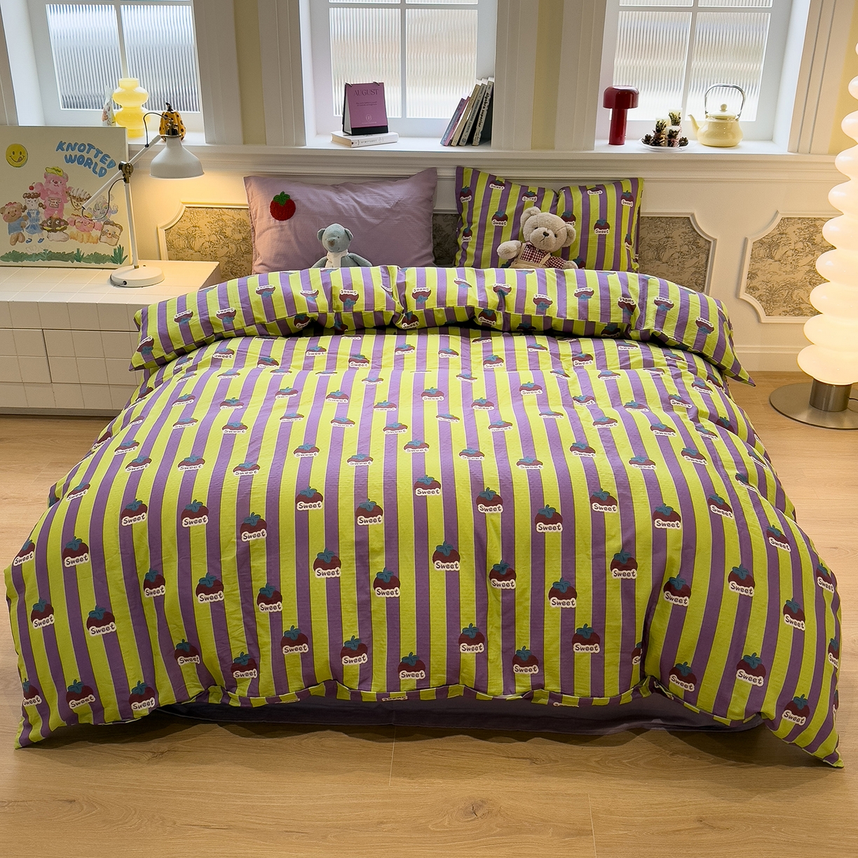 91家纺网 家纺一手货源 找家纺 呗旺鹿 2026新款ins风全棉撞色双层纱毛巾绣甜柿子系列四件套 甜柿紫