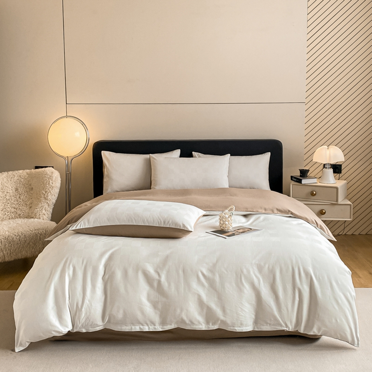 91家纺网 家纺一手货源 找家纺 琪格格纺织 2026新款轻奢长绒棉纯棉高级感提花方格酒店名宿居家四件套 60长绒棉-简格奶白亚麻棕