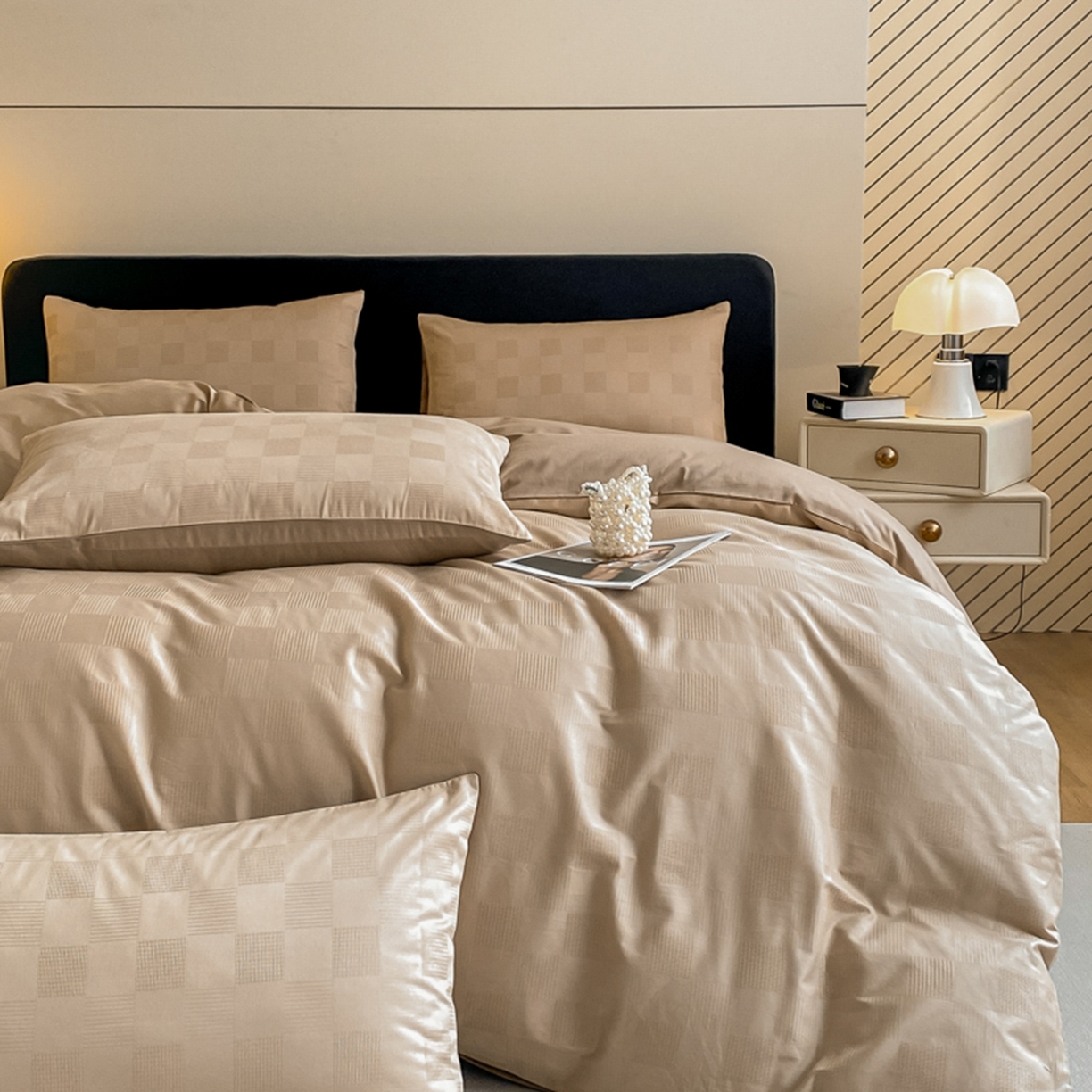 91家纺网 家纺一手货源 找家纺 琪格格纺织 2026新款轻奢长绒棉纯棉高级感提花方格酒店名宿居家四件套 60长绒棉-简格亚麻棕