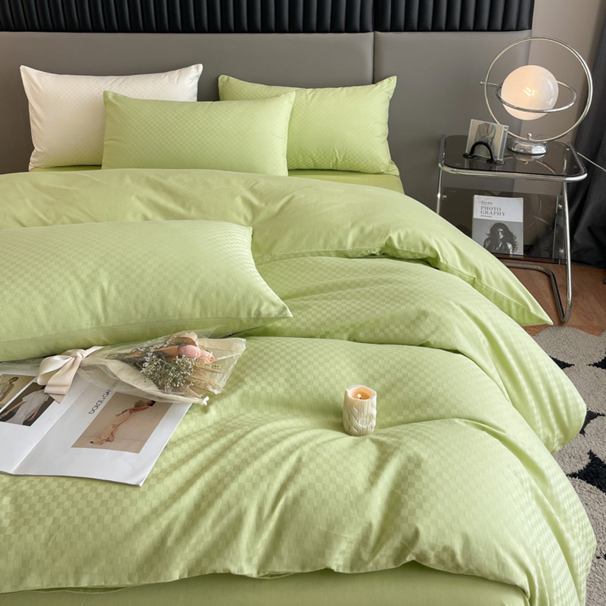 91家纺网 家纺一手货源 找家纺 琪格格纺织 2026新款轻奢长绒棉纯棉高级感提花方格酒店名宿居家四件套 60长绒棉-纯果绿