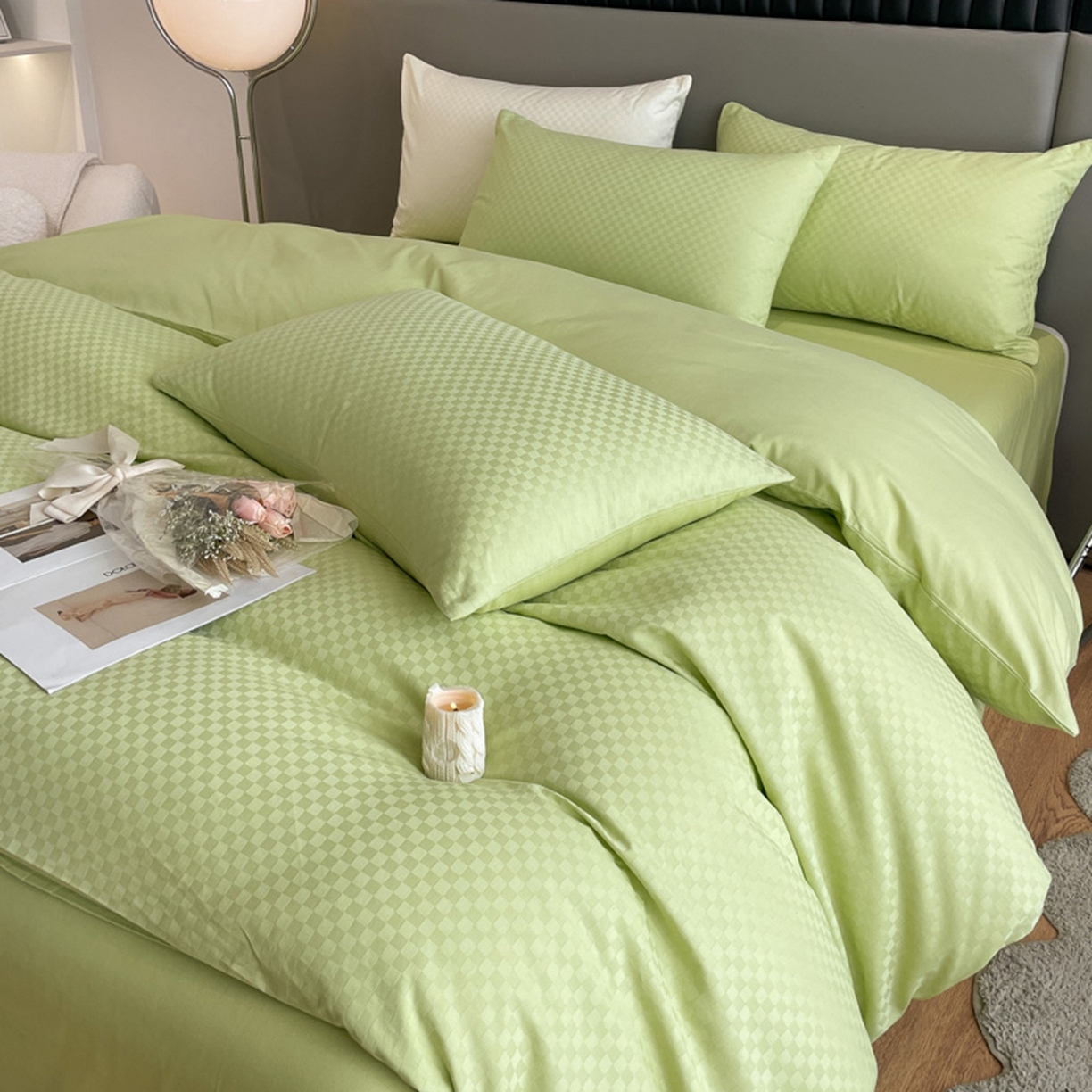 91家纺网 家纺一手货源 找家纺 琪格格纺织 2026新款轻奢长绒棉纯棉高级感提花方格酒店名宿居家四件套 60长绒棉-纯果绿