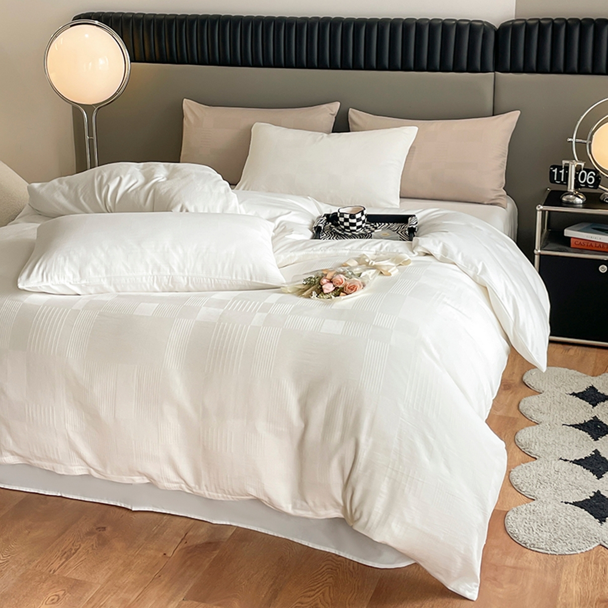 91家纺网 家纺一手货源 找家纺 琪格格纺织 2026新款轻奢长绒棉纯棉高级感提花方格酒店名宿居家四件套 原棉大提花-本白