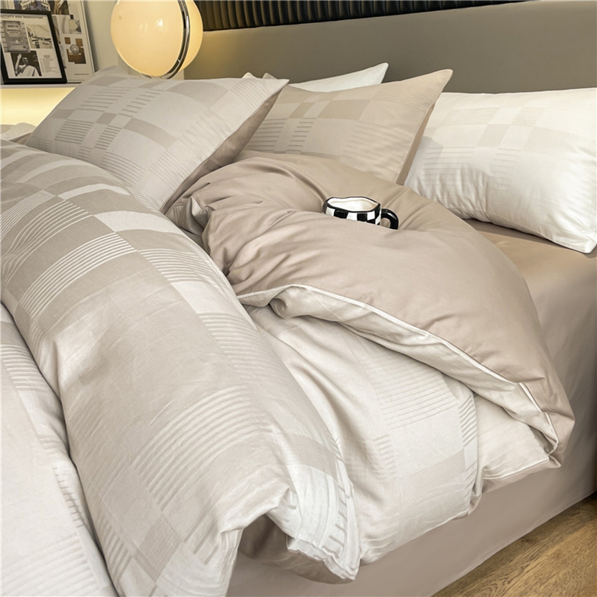 琪格格纺织 2026新款轻奢长绒棉纯棉高级感提花方格酒店名宿居家四件套 原棉大提花-卡其棕