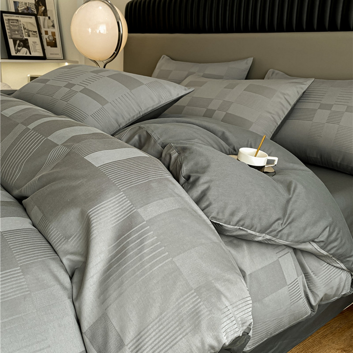 琪格格纺织 2026新款轻奢长绒棉纯棉高级感提花方格酒店名宿居家四件套 原棉大提花-摩登灰