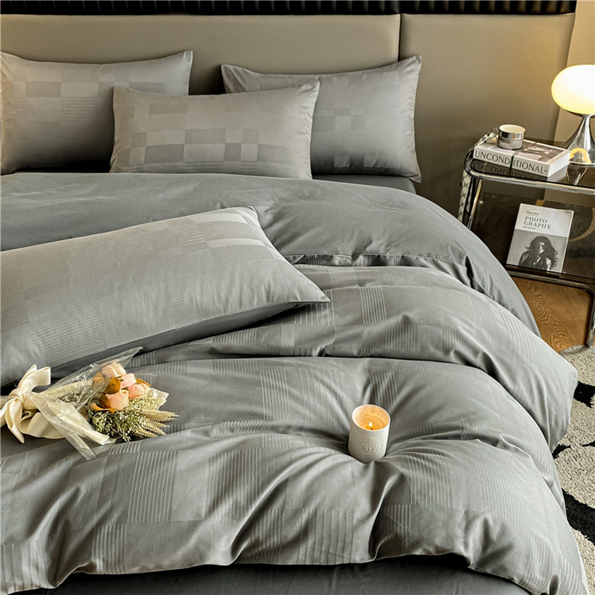 91家纺网 家纺一手货源 找家纺 琪格格纺织 2026新款轻奢长绒棉纯棉高级感提花方格酒店名宿居家四件套 原棉大提花-摩登灰