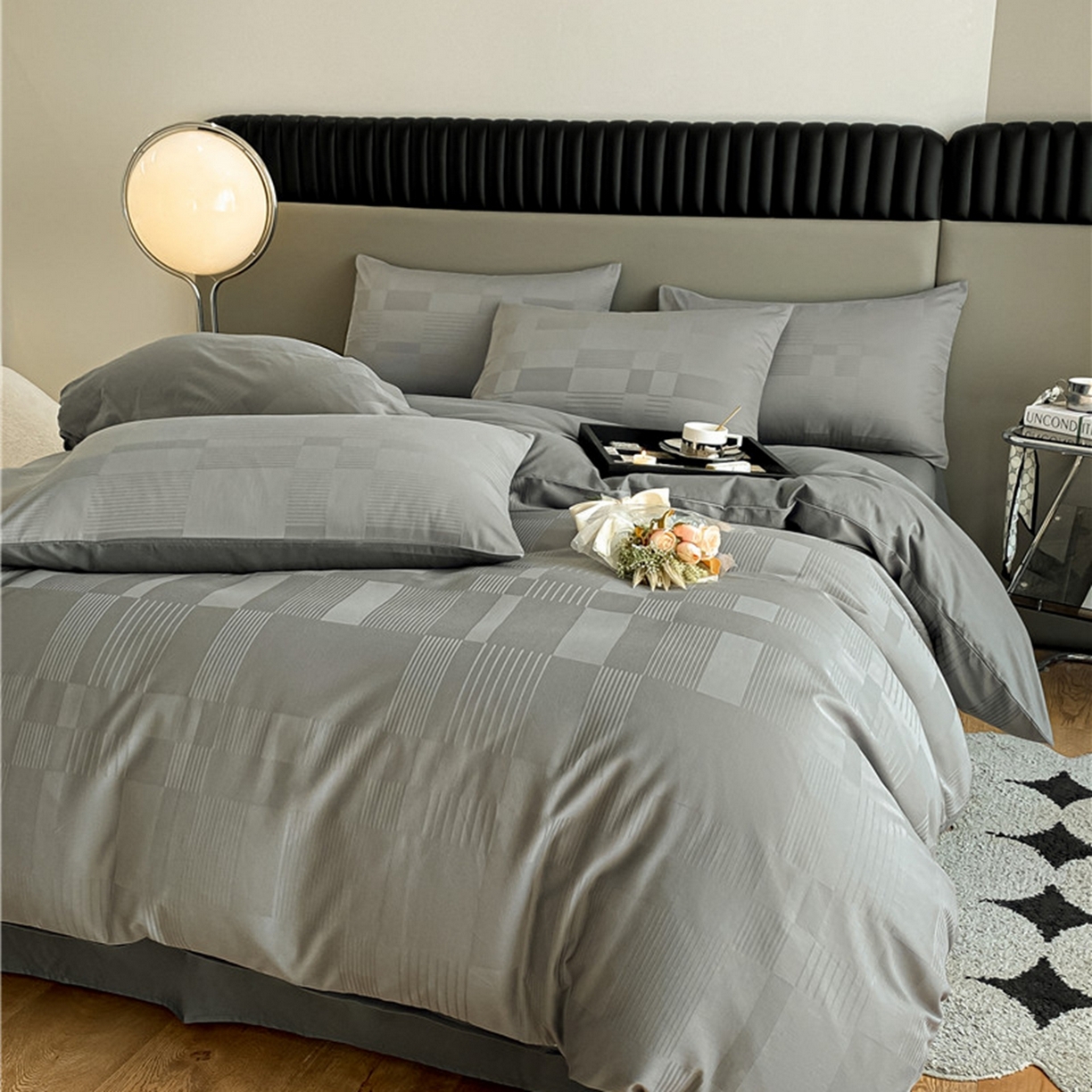 91家纺网 家纺一手货源 找家纺 琪格格纺织 2026新款轻奢长绒棉纯棉高级感提花方格酒店名宿居家四件套 原棉大提花-摩登灰