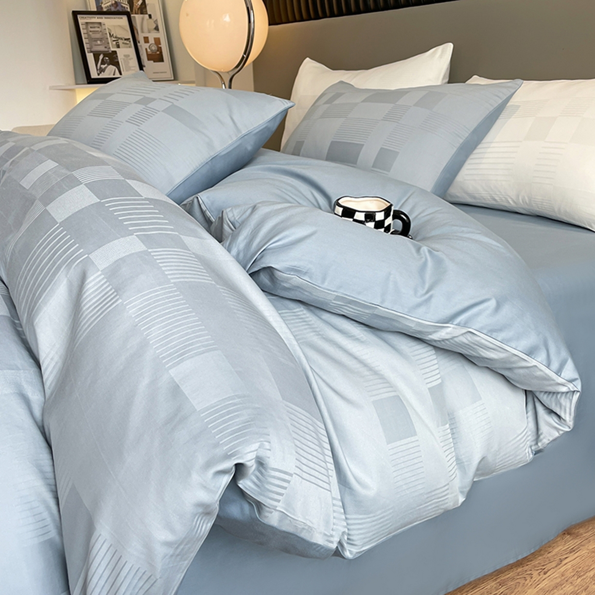 琪格格纺织 2026新款轻奢长绒棉纯棉高级感提花方格酒店名宿居家四件套 原棉大提花-浅蓝