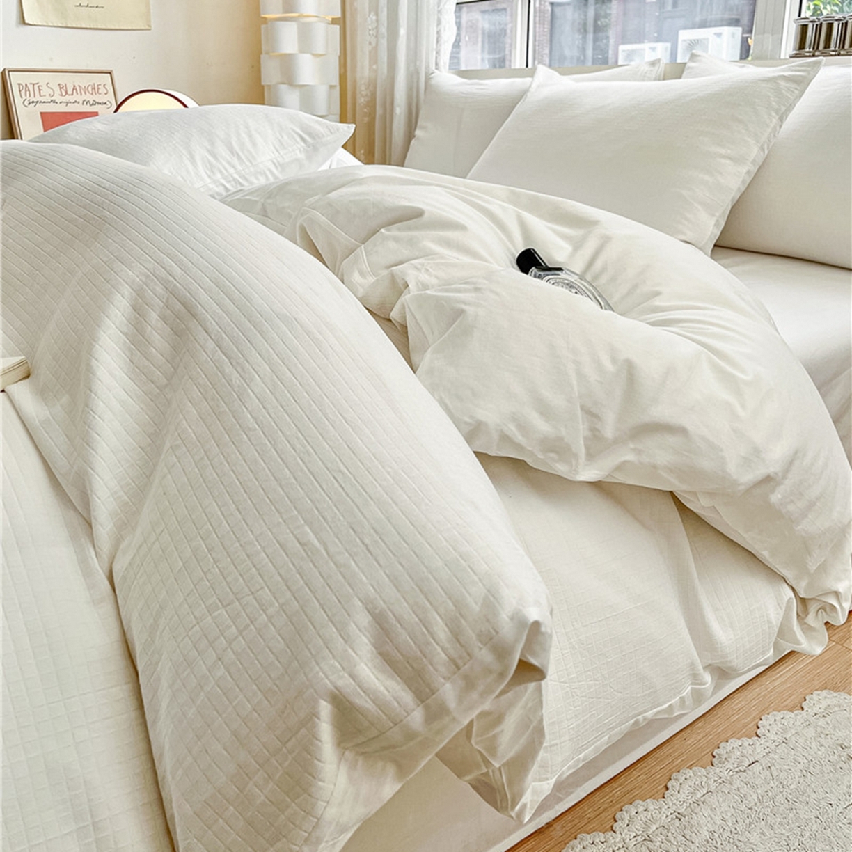 琪格格纺织 2026新款轻奢长绒棉纯棉高级感提花方格酒店名宿居家四件套 原棉小提花-本白-场景一