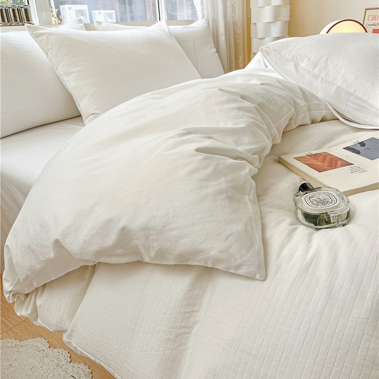 91家纺网 家纺一手货源 找家纺 琪格格纺织 2026新款轻奢长绒棉纯棉高级感提花方格酒店名宿居家四件套 原棉小提花-本白-场景一