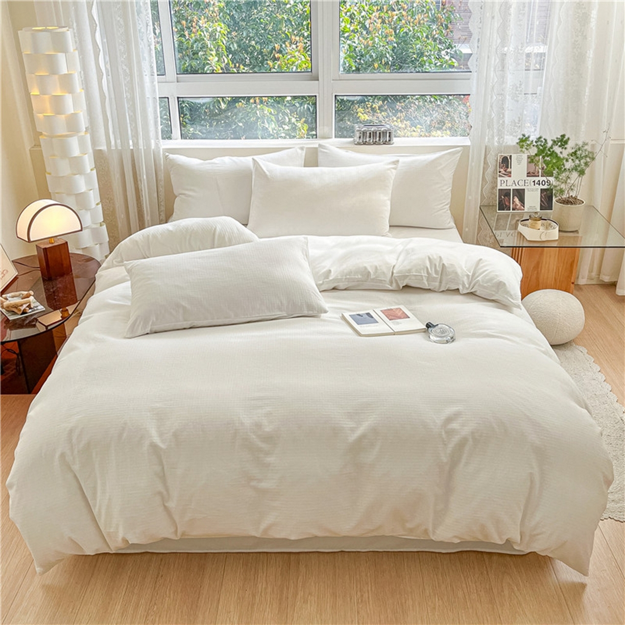 91家纺网 家纺一手货源 找家纺 琪格格纺织 2026新款轻奢长绒棉纯棉高级感提花方格酒店名宿居家四件套 原棉小提花-本白-场景一