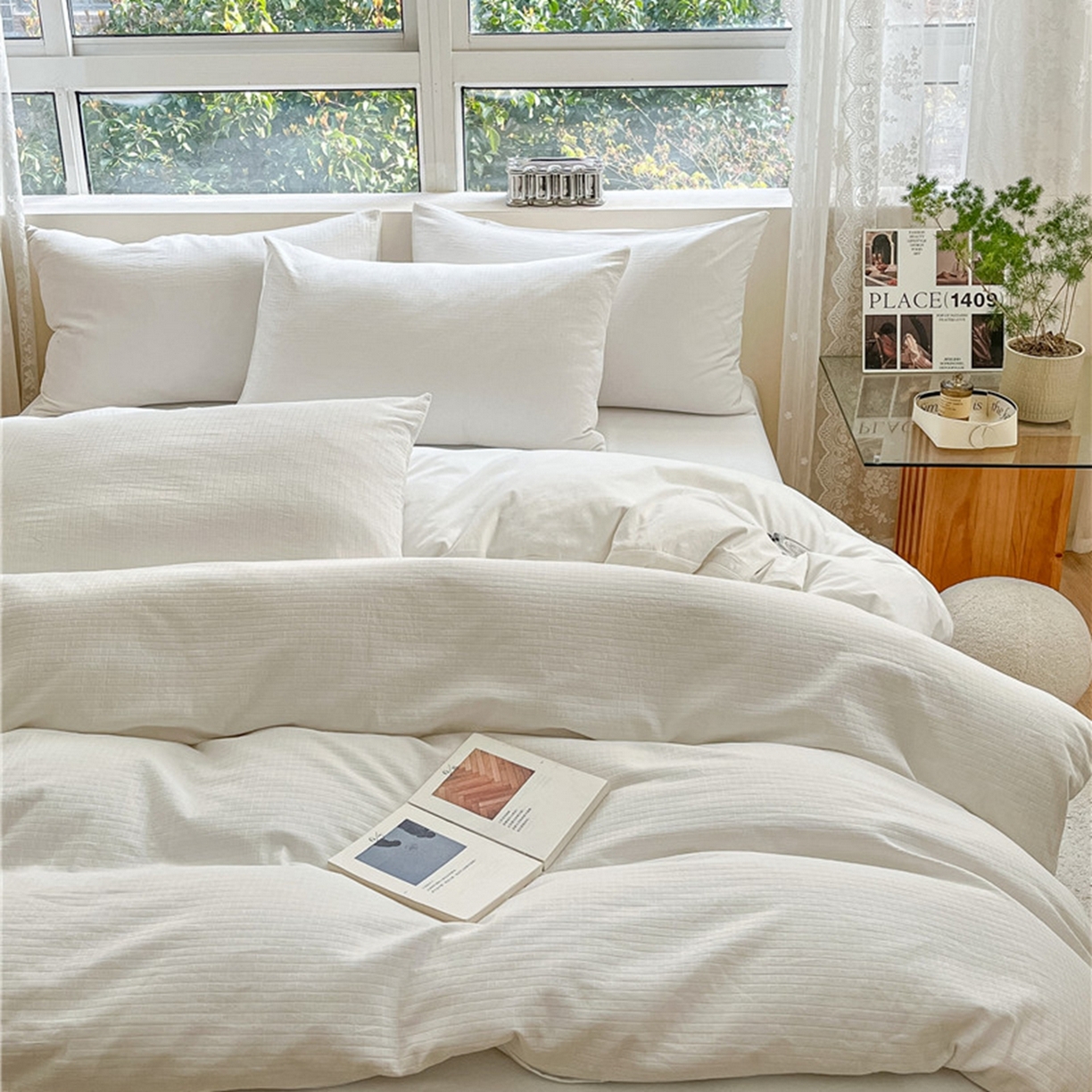 91家纺网 家纺一手货源 找家纺 琪格格纺织 2026新款轻奢长绒棉纯棉高级感提花方格酒店名宿居家四件套 原棉小提花-本白-场景一