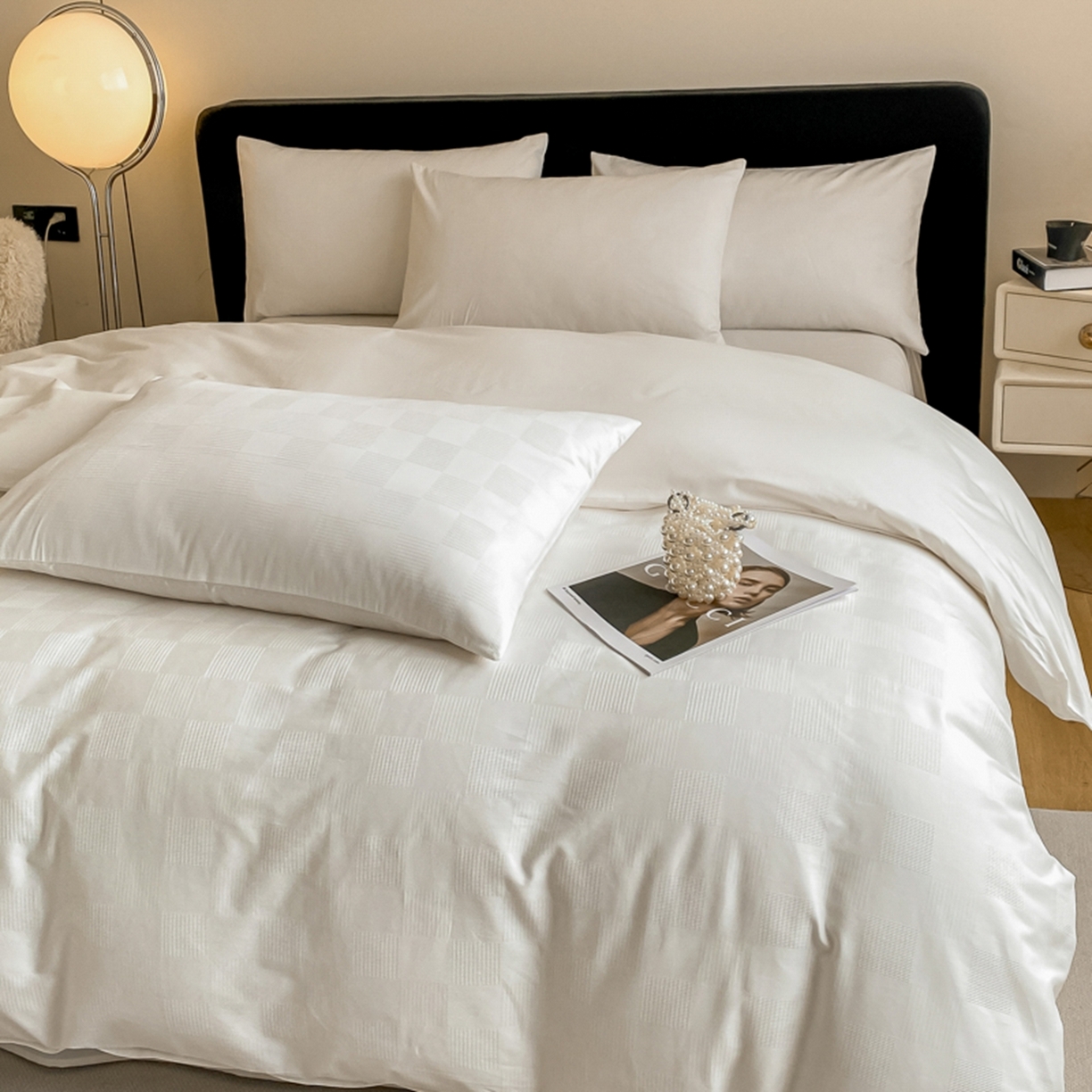 91家纺网 家纺一手货源 找家纺 琪格格纺织 2026新款轻奢长绒棉纯棉高级感提花方格单枕套枕套单件单品枕套 60长绒棉-简格本白