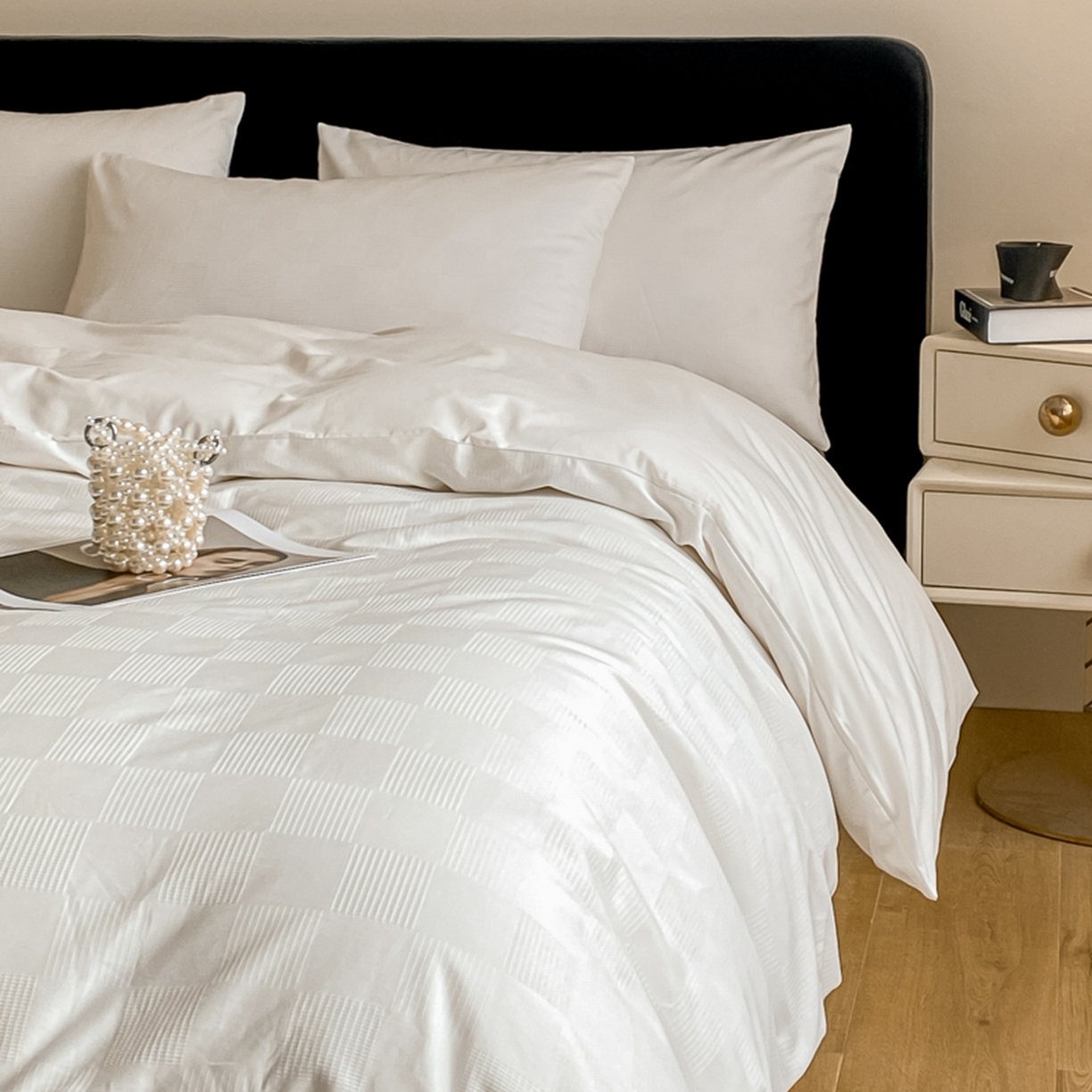 91家纺网 家纺一手货源 找家纺 琪格格纺织 2026新款轻奢长绒棉纯棉高级感提花方格单枕套枕套单件单品枕套 60长绒棉-简格本白