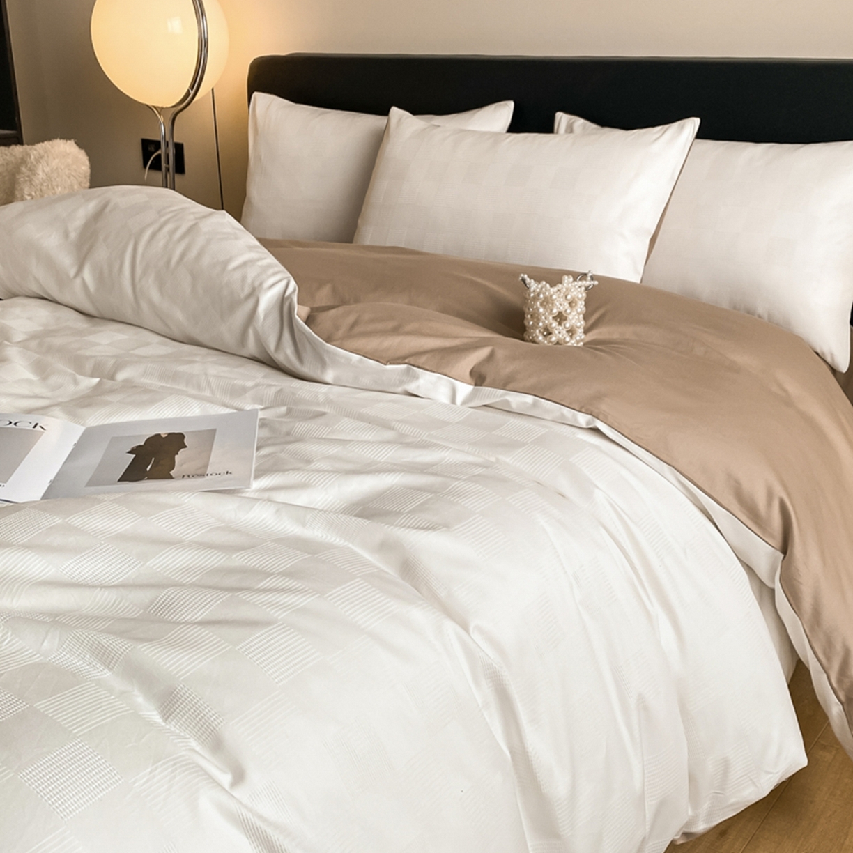 91家纺网 家纺一手货源 找家纺 琪格格纺织 2026新款轻奢长绒棉纯棉高级感提花方格单枕套枕套单件单品枕套 60长绒棉-简格奶白亚麻棕