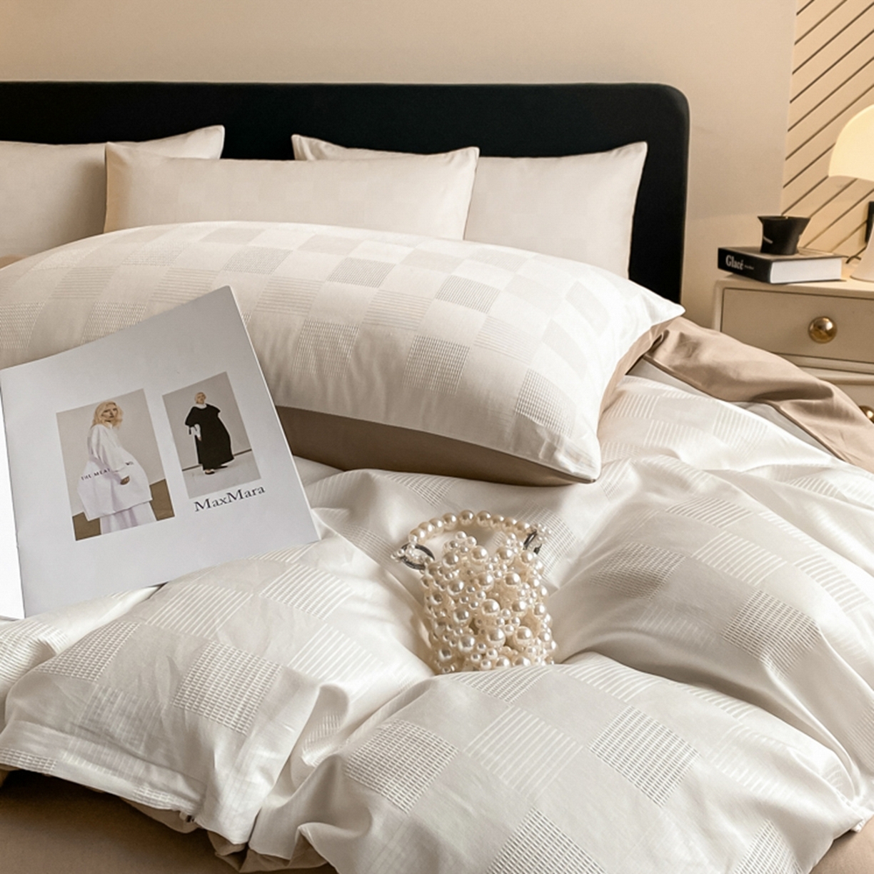 91家纺网 家纺一手货源 找家纺 琪格格纺织 2026新款轻奢长绒棉纯棉高级感提花方格单枕套枕套单件单品枕套 60长绒棉-简格奶白亚麻棕