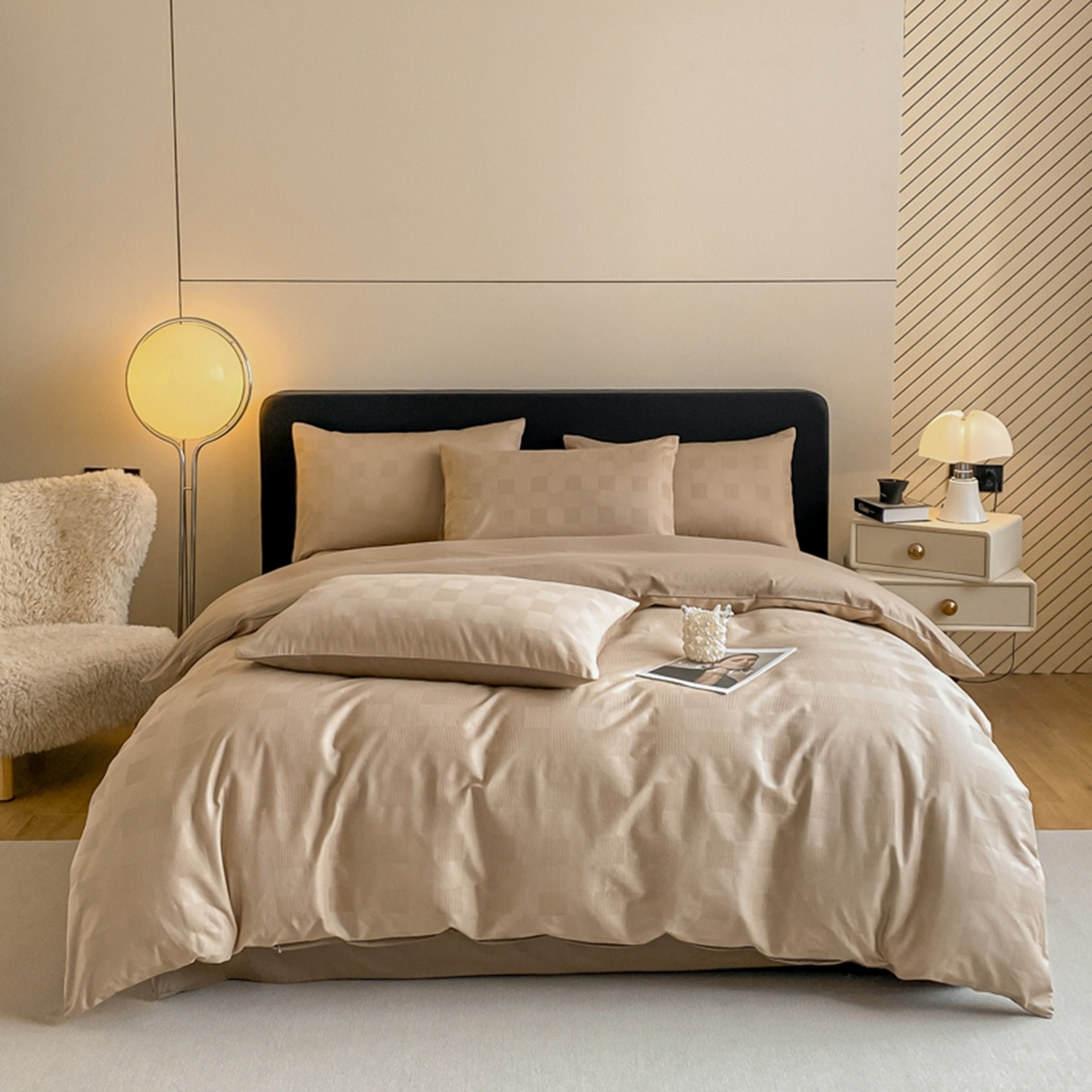 91家纺网 家纺一手货源 找家纺 琪格格纺织 2026新款轻奢长绒棉纯棉高级感提花方格单枕套枕套单件单品枕套 60长绒棉-简格亚麻棕