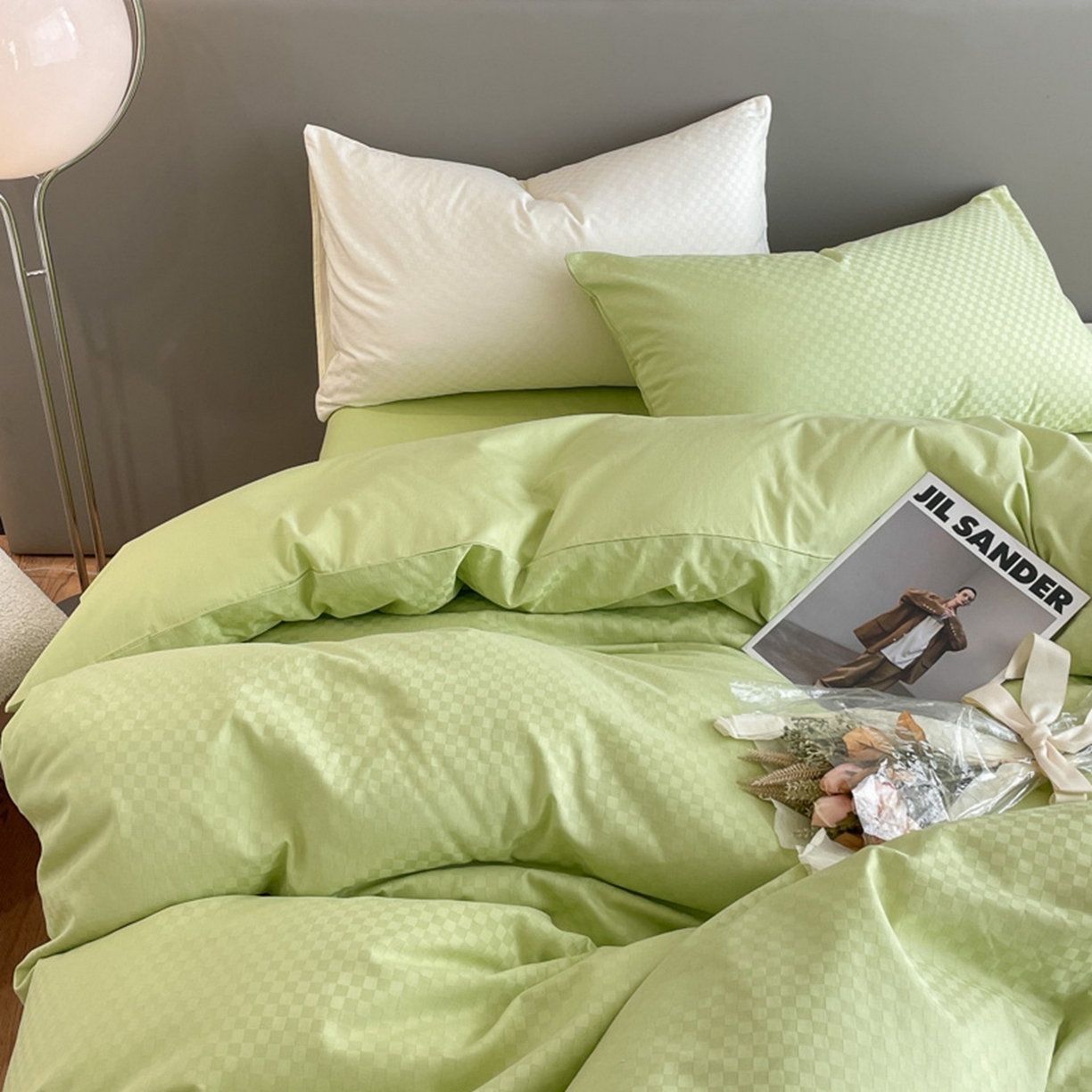 91家纺网 家纺一手货源 找家纺 琪格格纺织 2026新款轻奢长绒棉纯棉高级感提花方格单枕套枕套单件单品枕套 60长绒棉-纯果绿